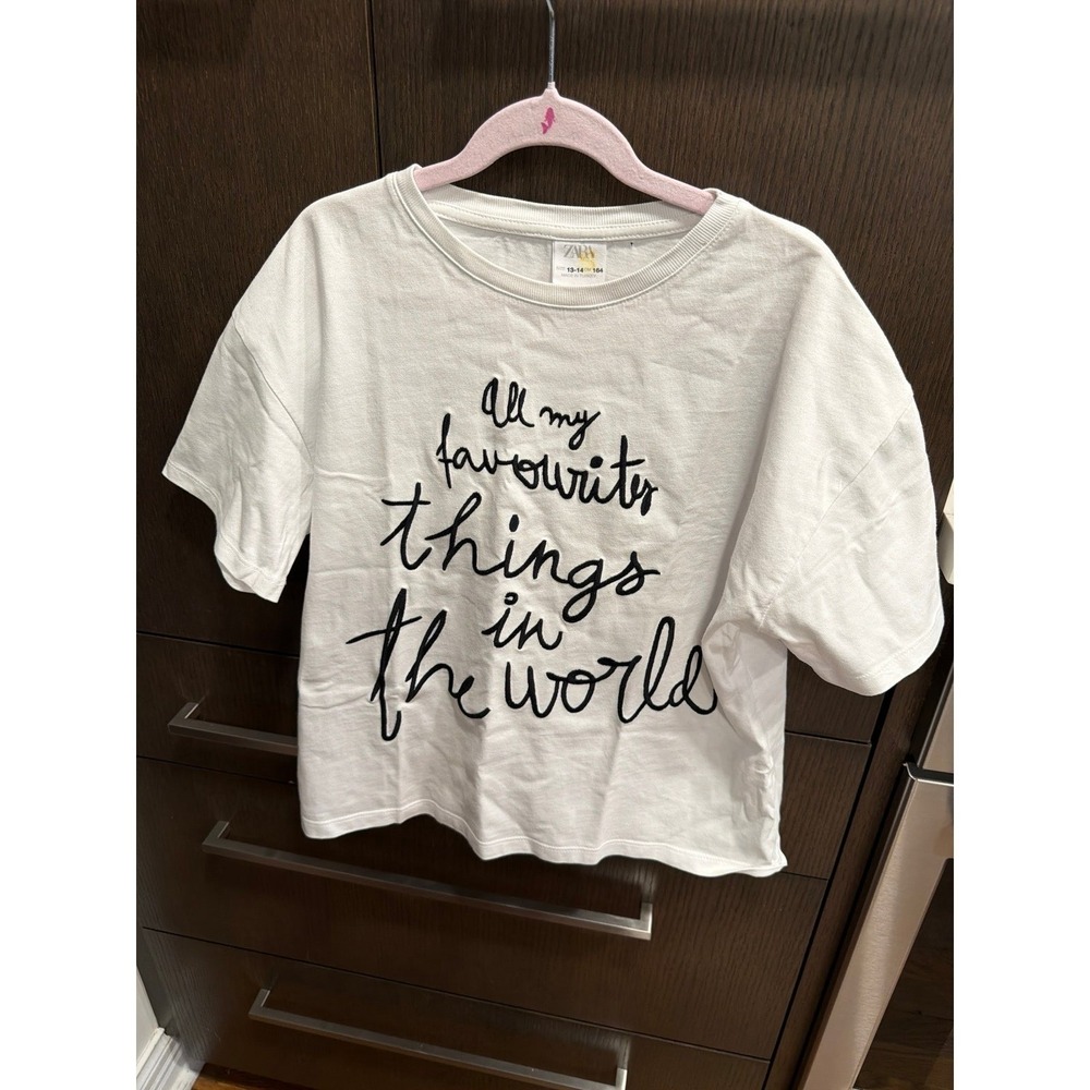 Zara white short-sleeve t-shirt embroidered All my favorite things size 13-14